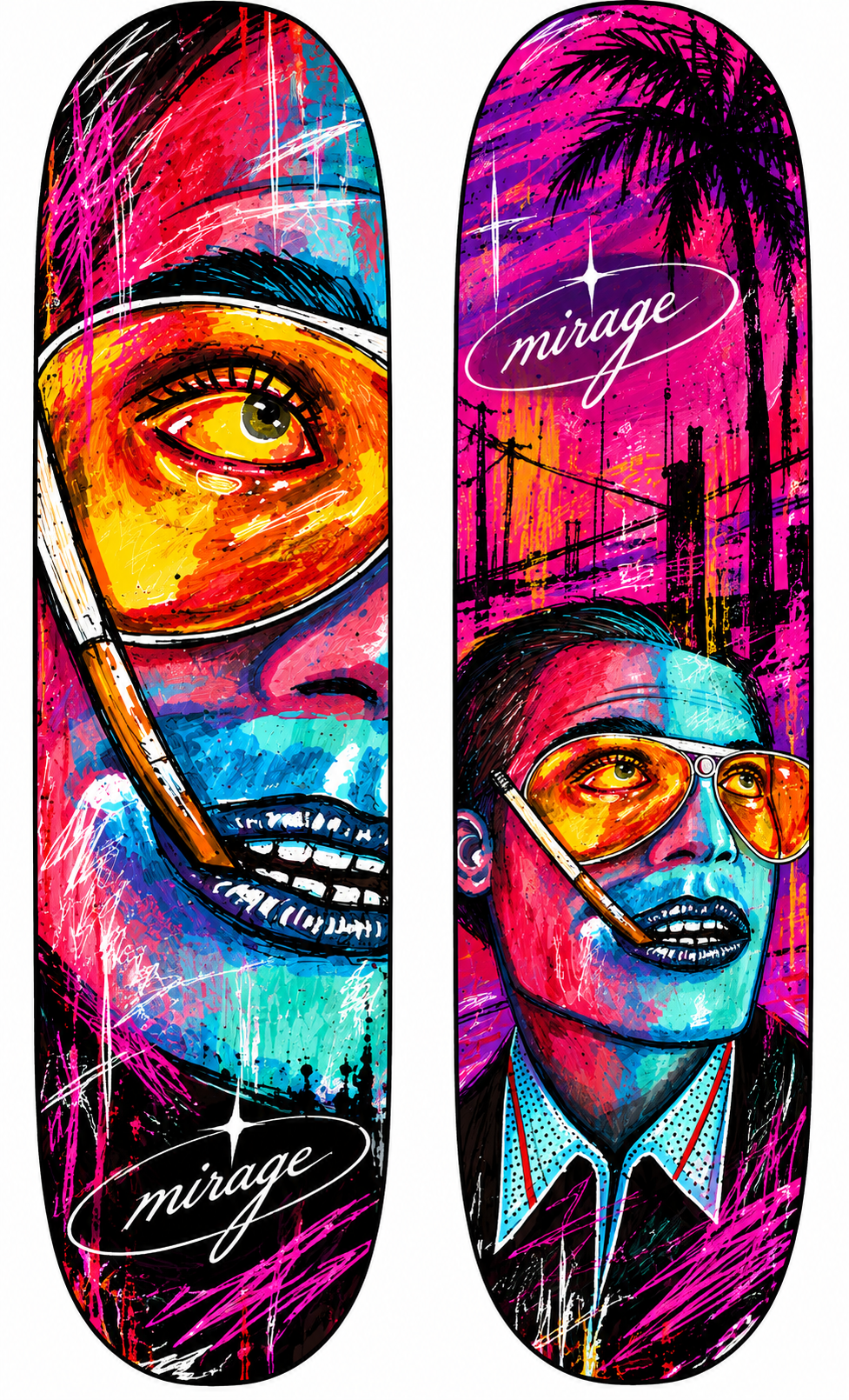 Colorful Mirage skateboard artwork, ready to display or ride